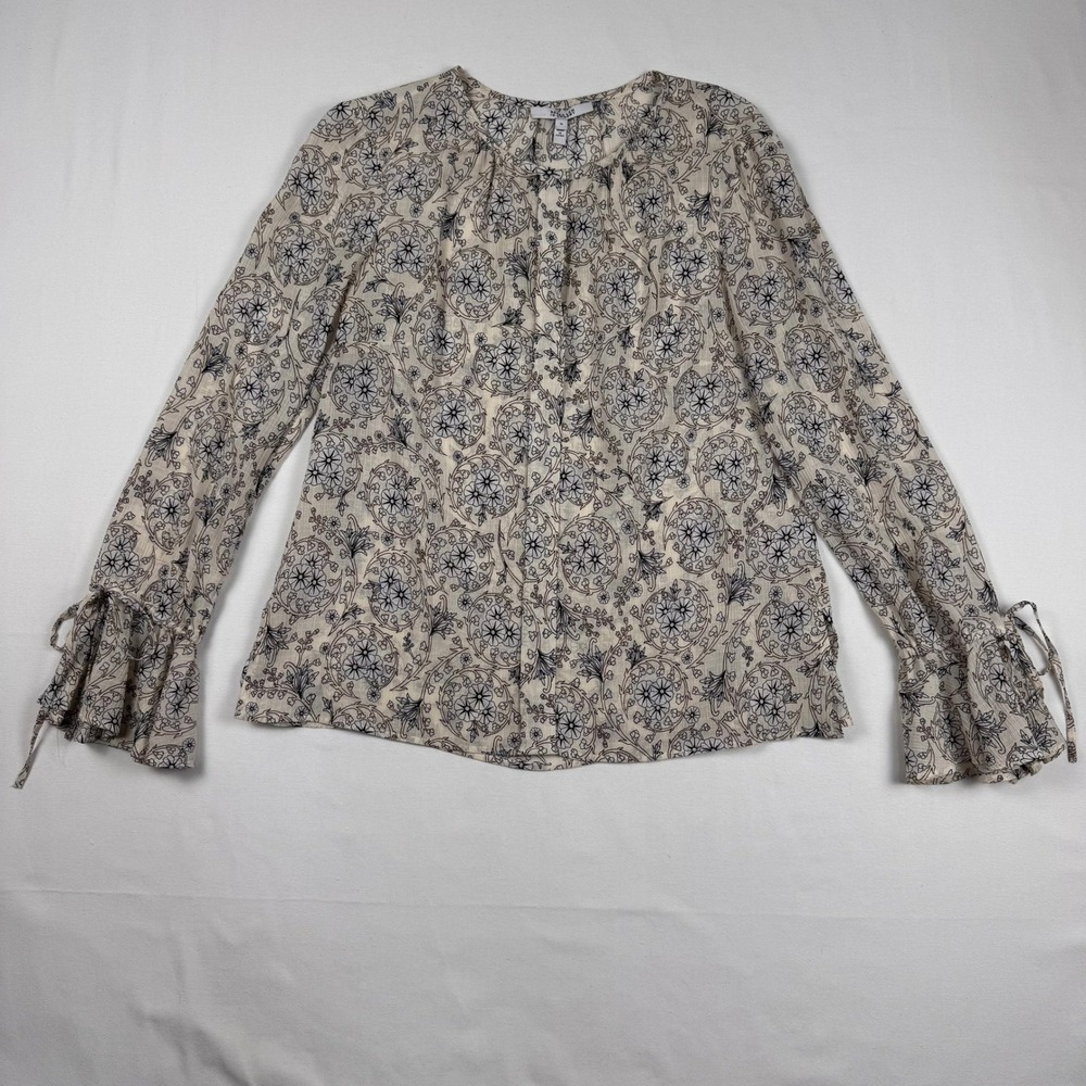 Derek Lam 10 Crosby Blouse Womens 10 Cream 100% Silk Floral Tie Cuff Long Sleeve - Picture 3 of 12